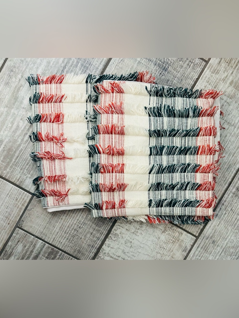 20” Striped Fringe Cotton Pillow Covers (2) (Cream, Red & Navy)